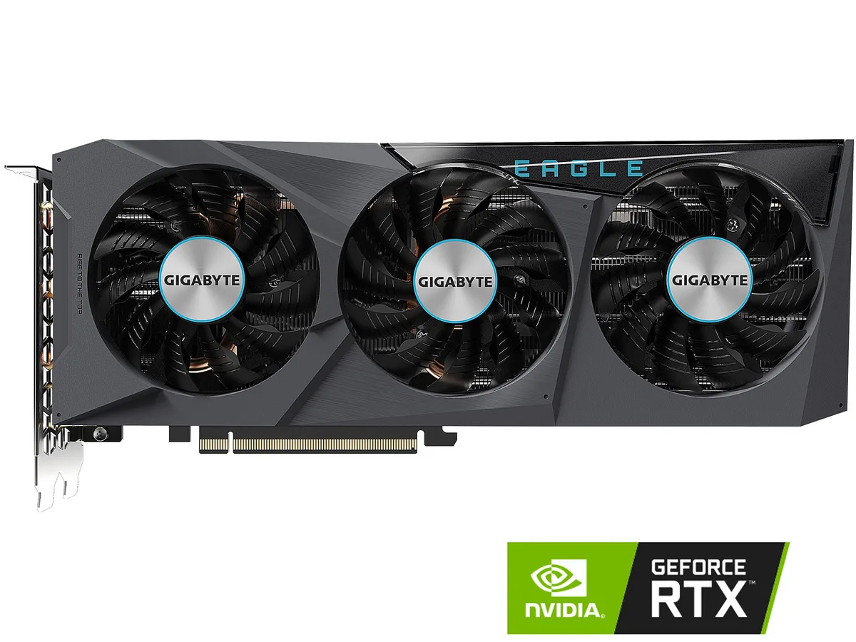 Triple-fan graphics card, silver metal backplate, two-slot width