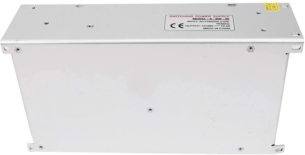 Rectangular aluminium power supply unit, silver finish, with screw terminals and voltage adjuster, 199 x 98 x 42 mm