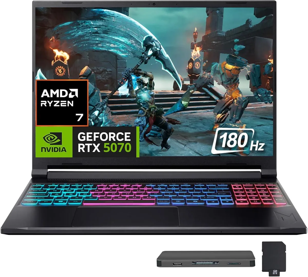 Black 16 inch gaming laptop with backlit keyboard and 180Hz IPS display