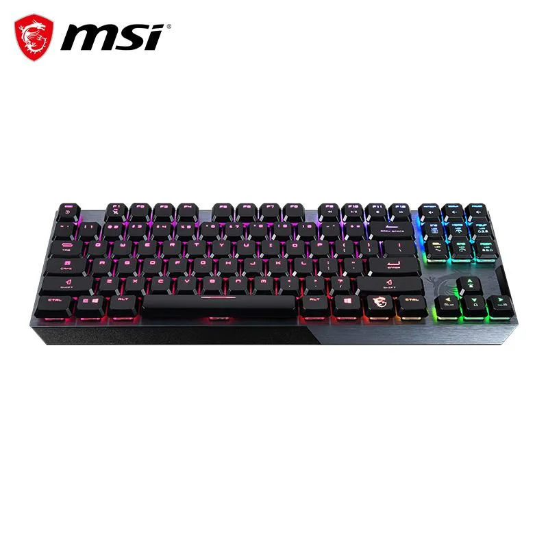 Black and silver tenkeyless low-profile gaming keyboard with per-key RGB backlighting