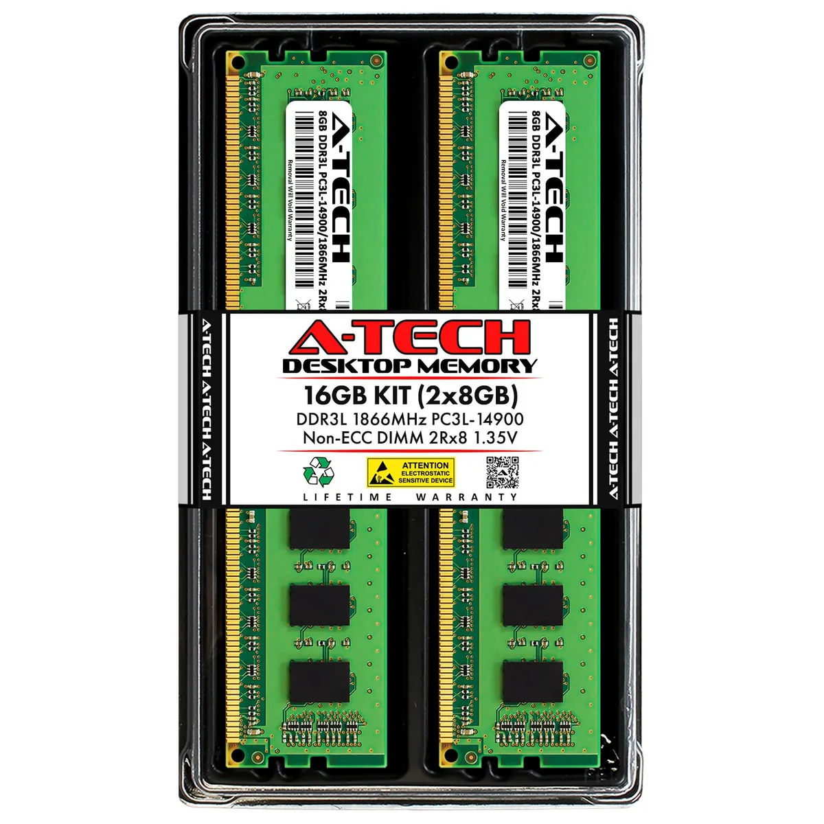 Two green DDR3L desktop DIMM modules, 240-pin, no heat spreader