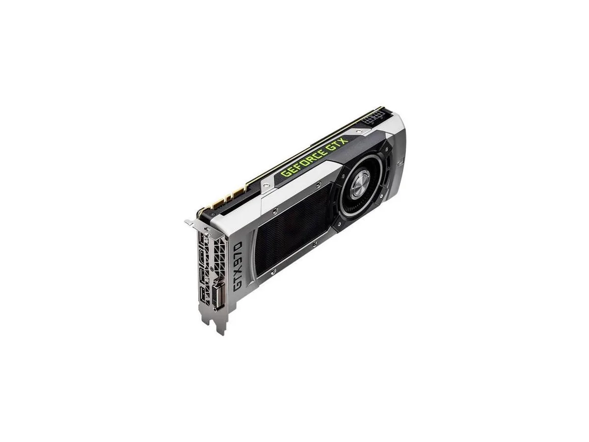 EVGA GeForce GTX 970 dual-slot graphics card with fan cooler, silver finish, 10.5 inches long