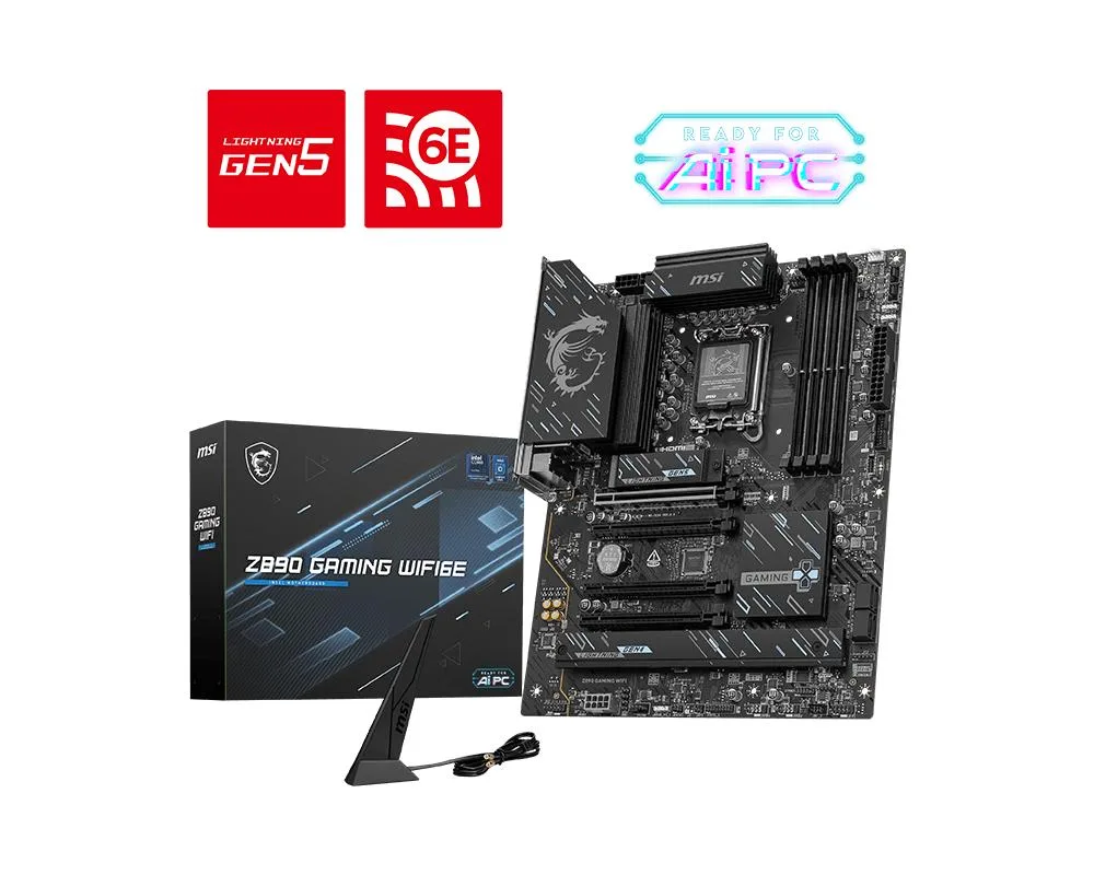 ATX motherboard with black heatsinks and silver accents