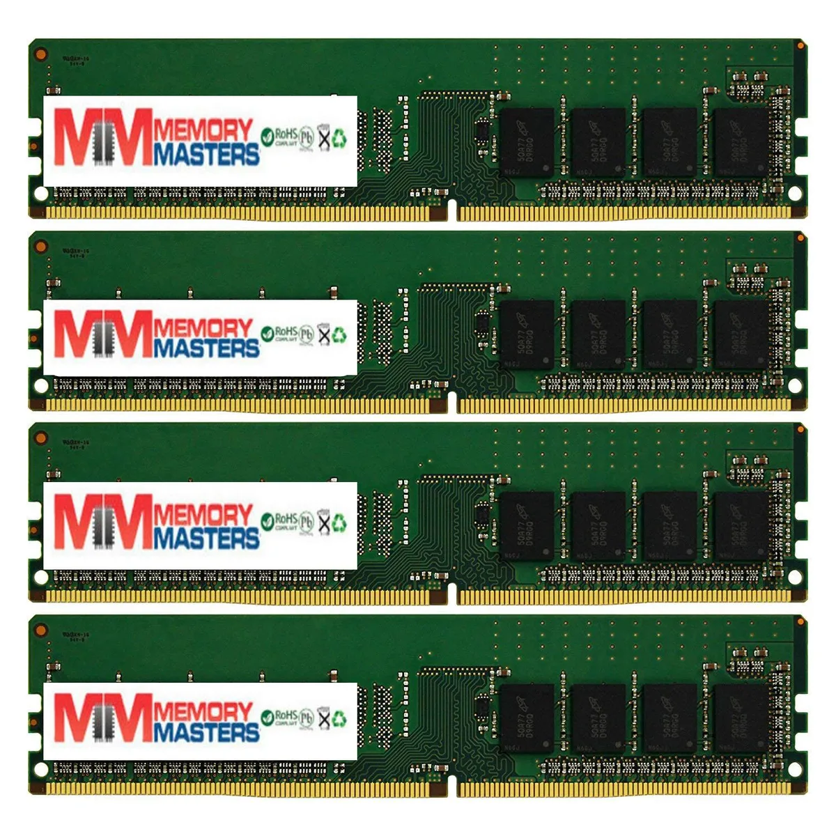 Four green DDR2 DIMM modules with gold contacts