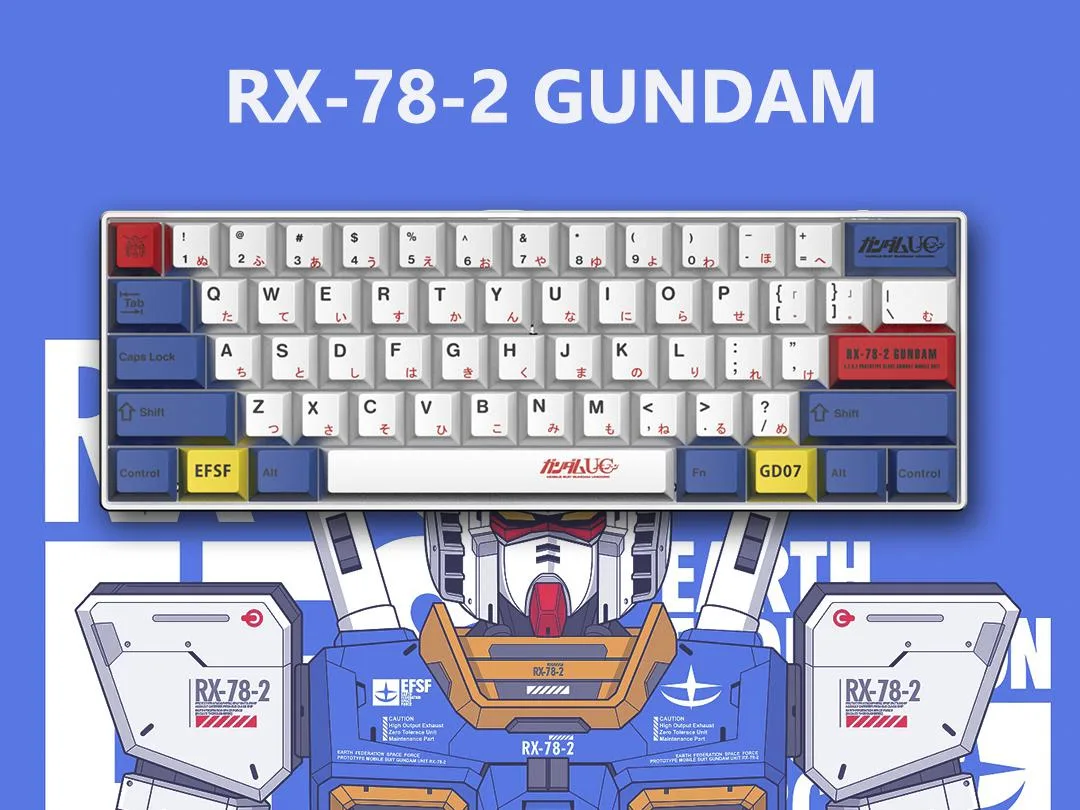 Compact 61-key mechanical keyboard in blue and white with white backlighting and USB-C cable