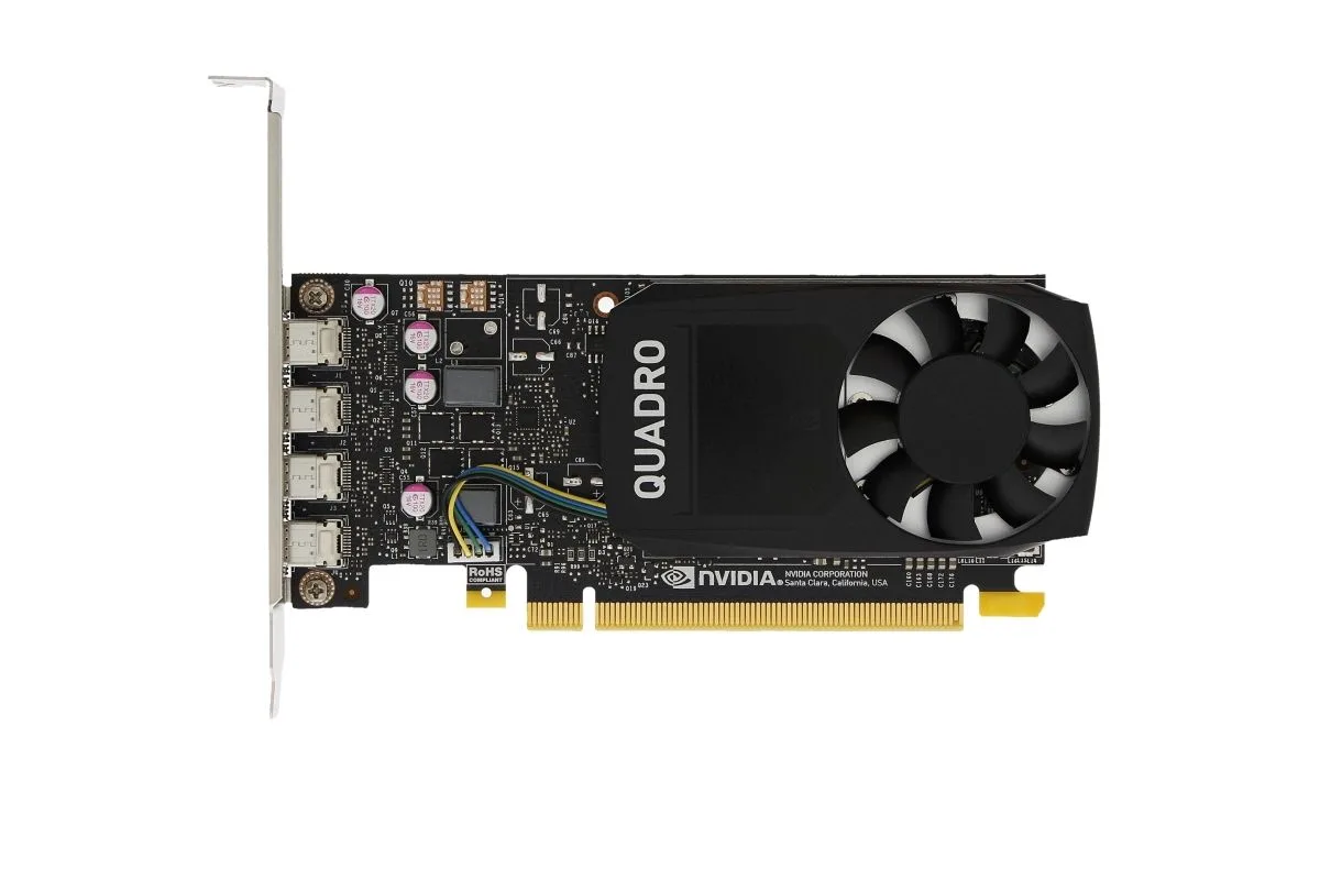 Dell Quadro P1000 graphics card, black PCB, silver bracket, four Mini DisplayPort outputs