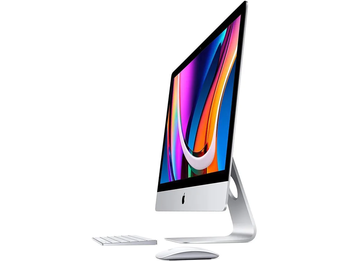 Silver aluminium all-in-one desktop with 21.5 inch Retina 4K display, tapered thin edges