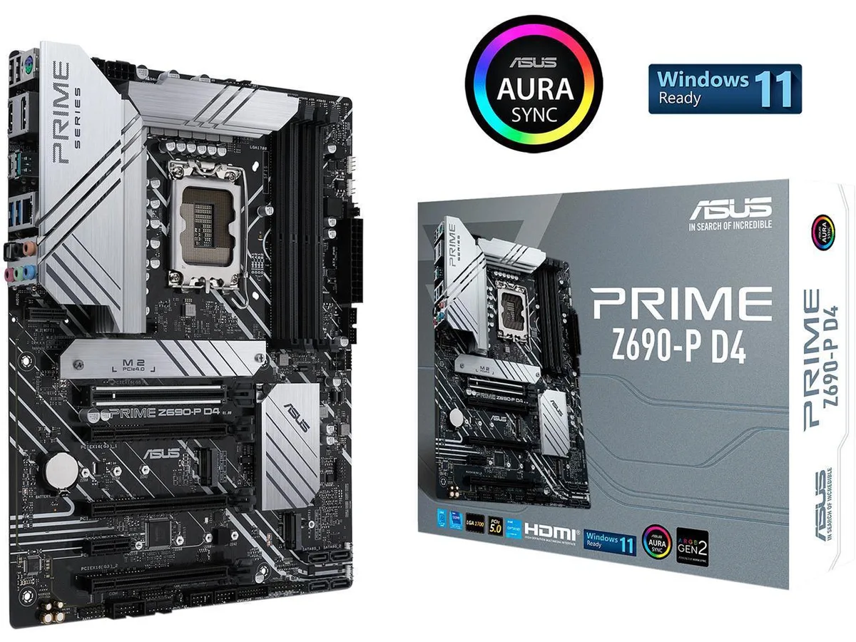 ATX motherboard with large silver VRM heatsink, black PCB, I/O shield and box