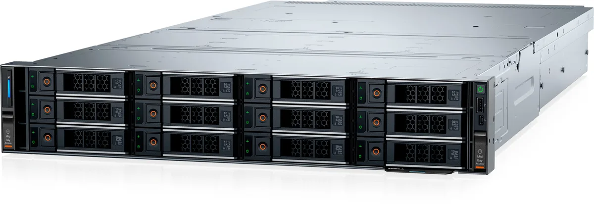 Silver 2U rack chassis with 24 front 3.5-inch drive bays