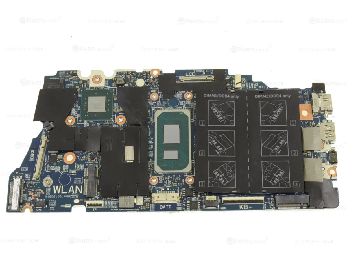 Green Dell laptop motherboard with silver CPU socket and black MX350 graphics chip