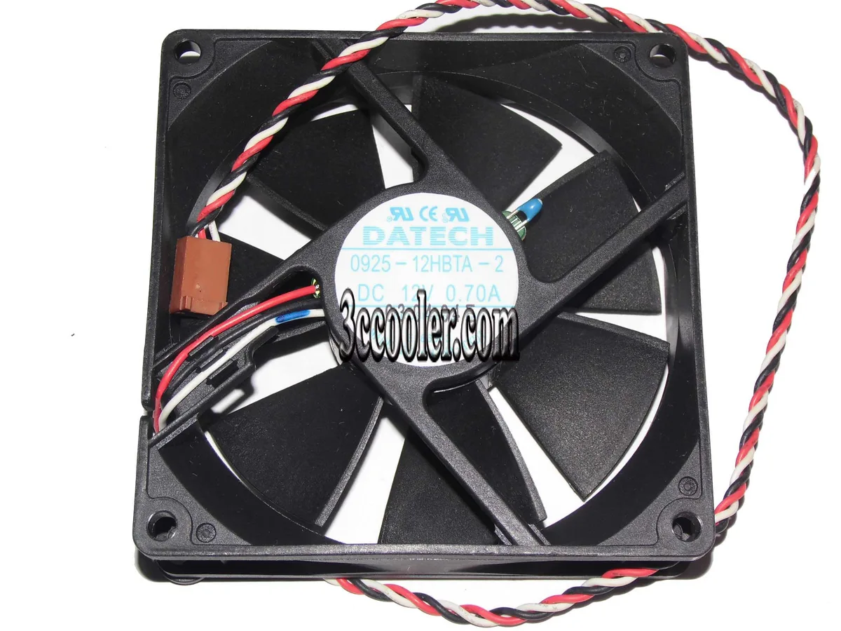 Black 90mm square CPU cooler fan, 25mm thick, three-pin connector