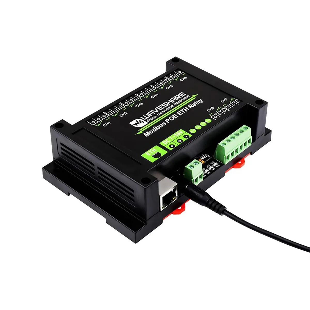 Eight-channel Ethernet relay board with PoE inside a grey DIN-rail ABS case