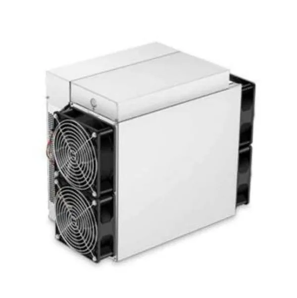 Rectangular industrial ASIC miner in matte grey metal casing with front grille and rear exhaust vents
