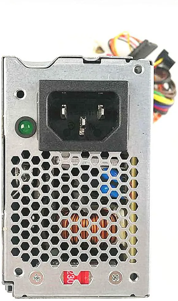 Rectangular black metal power supply unit with label sticker
