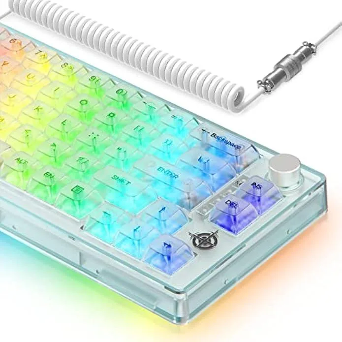 Transparent white 65 percent mechanical keyboard with clear keycaps, side RGB lighting, media knob and coiled cable