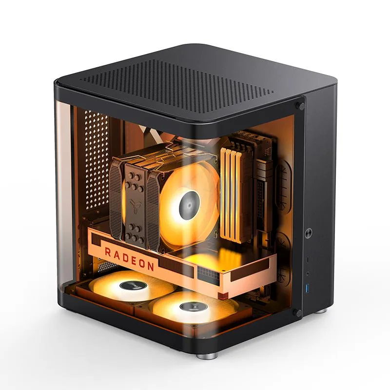 Compact black Micro-ATX case with front and side tempered glass panels, steel frame, top and bottom fan mounts