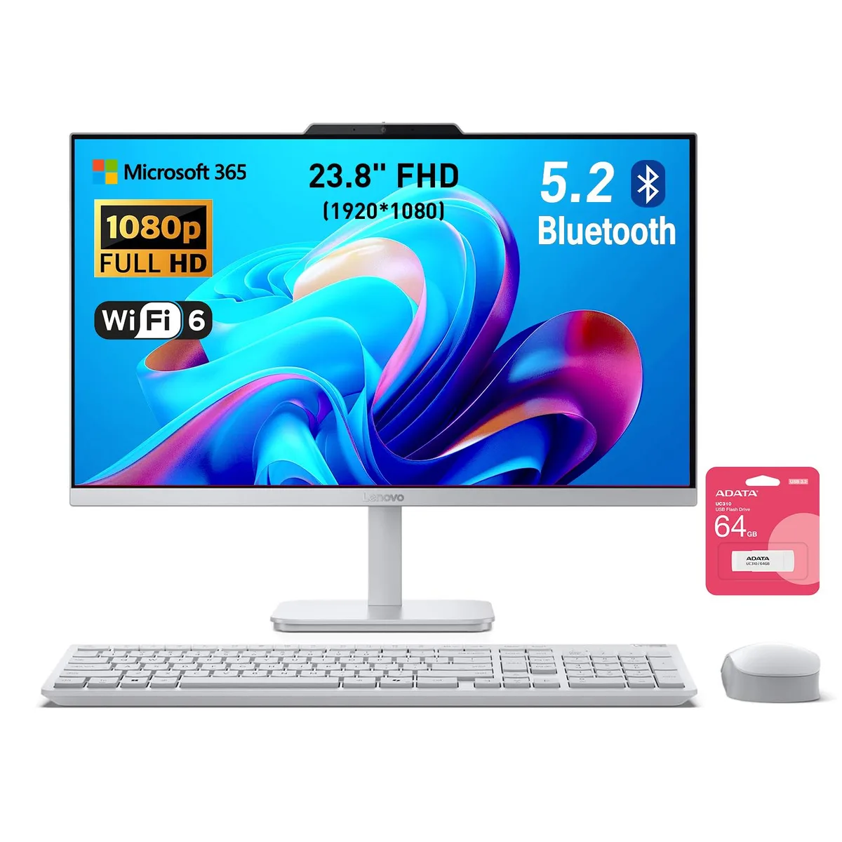 Lenovo Lenovo A100 All-in-One desktop PC, 23.8" FHD, i3-N305, 32GB DDR4, 1TB SSD, Windows 11 Pro, White — product photo