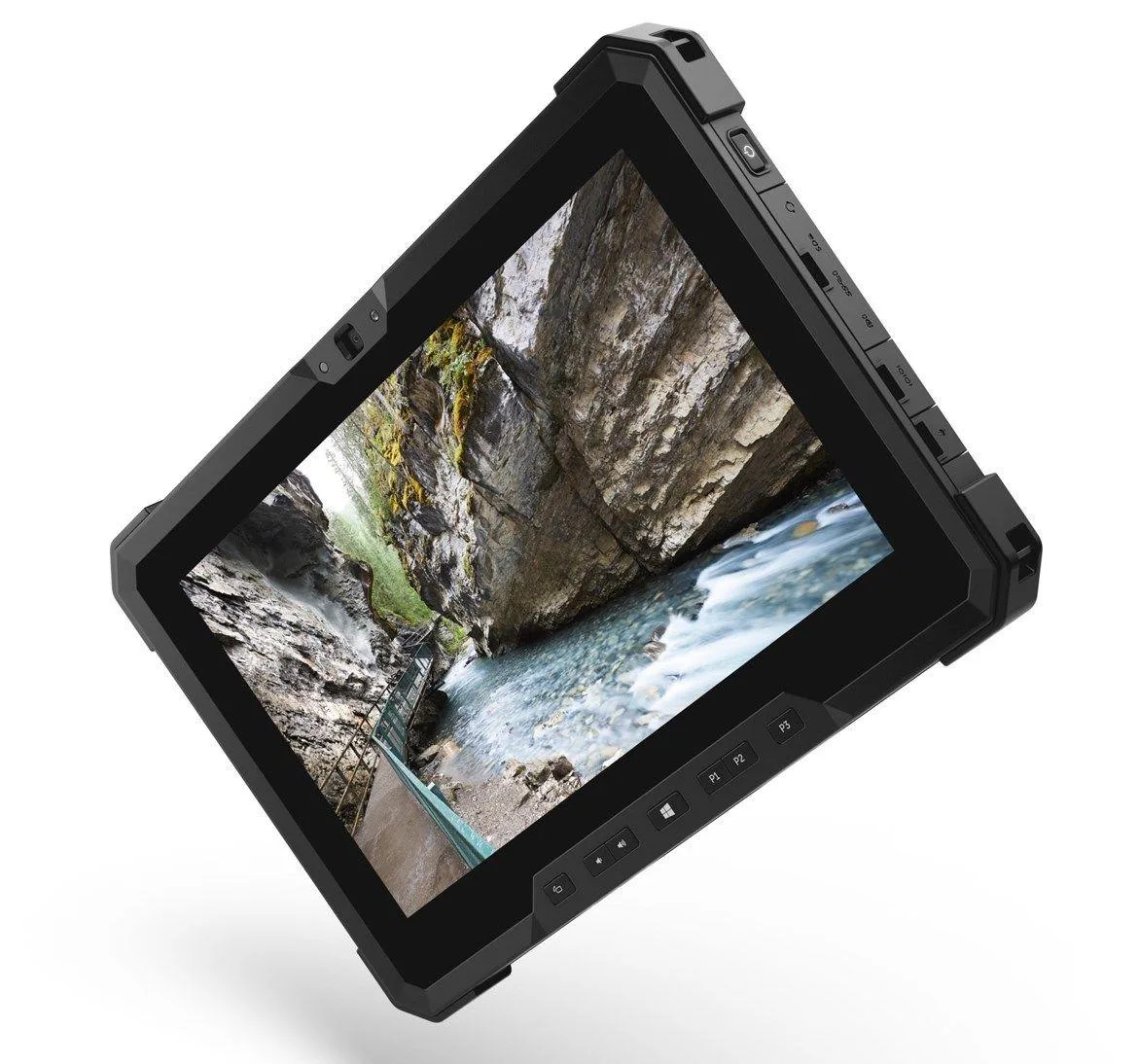 Rugged 11.6 inch tablet with thick black chassis and touchscreen