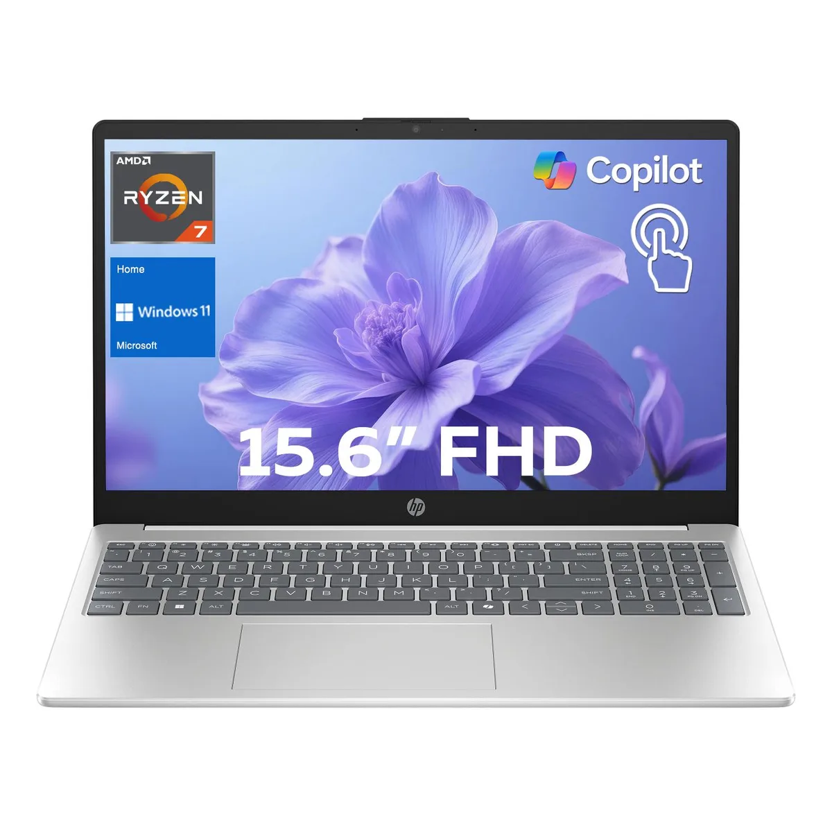 Silver HP Pavilion 15 laptop with 15.6 inch FHD touchscreen display, closed clamshell form factor