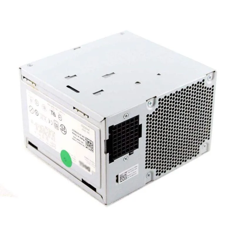 Rectangular metal power supply unit with ventilation grille and connector panel