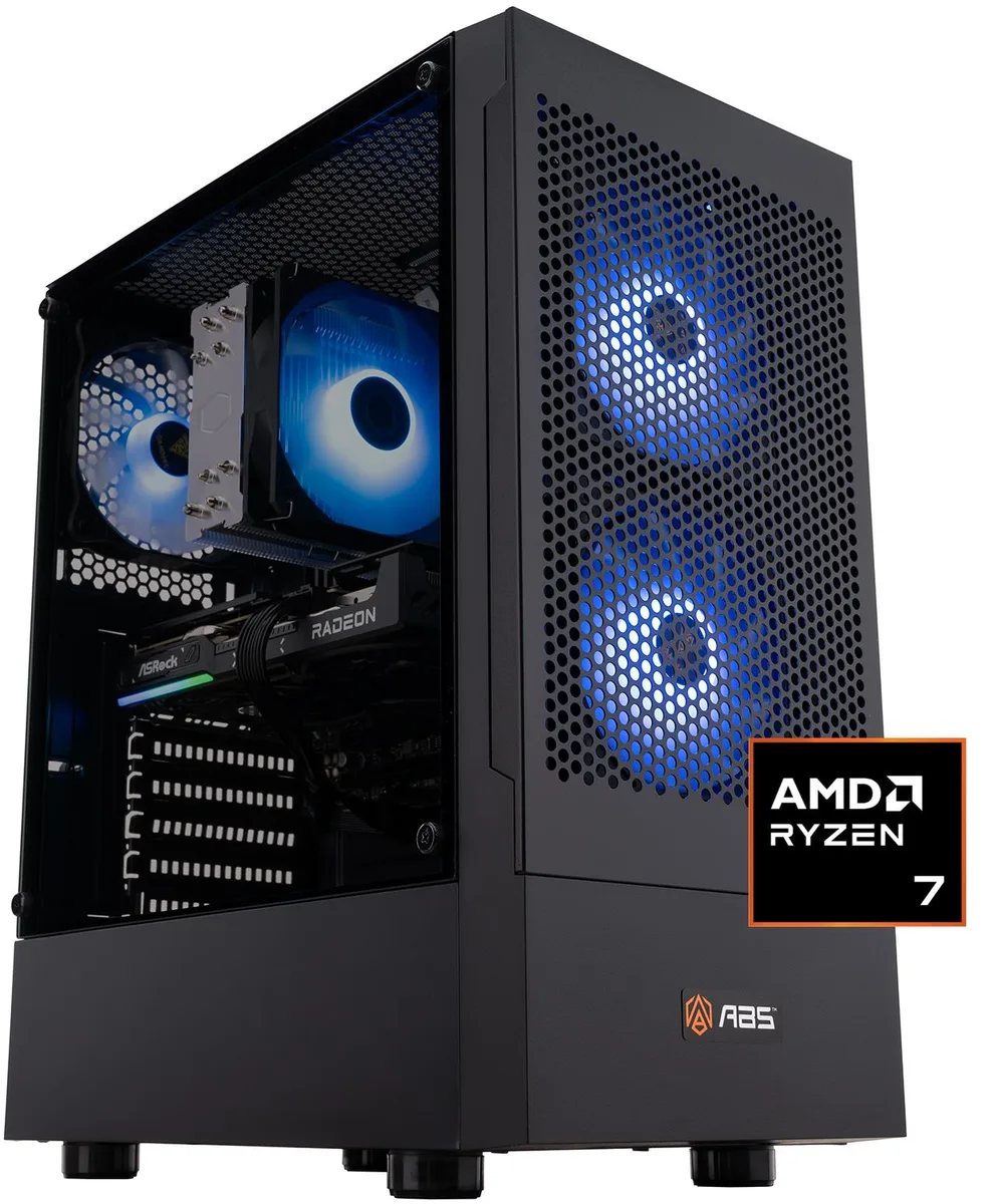 Black mid-tower gaming desktop with tempered glass side panel and mesh front