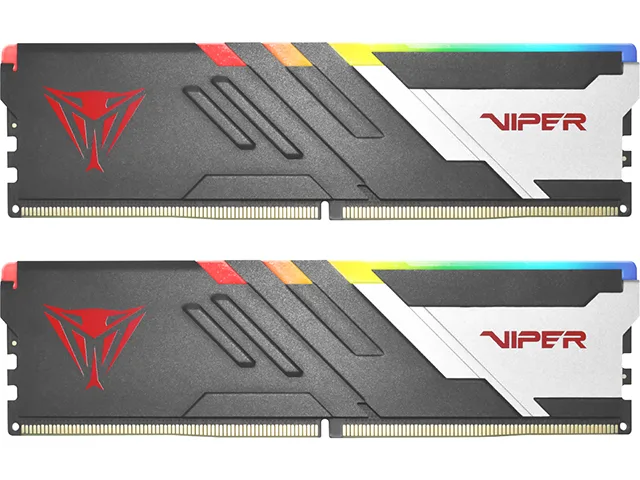 Two matte black DDR5 modules with aluminum heat spreaders, red viper logo, silver nameplate, RGB lighting