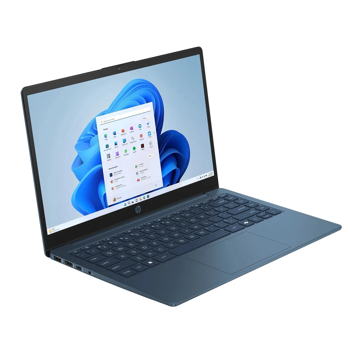 Thin blue laptop, 14 inch HD screen, Copilot key visible