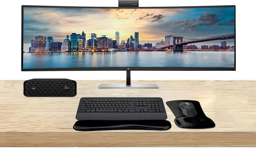 HP Z2 Mini G9 mini PC, 49-inch curved ultrawide monitor, wireless keyboard and mouse set