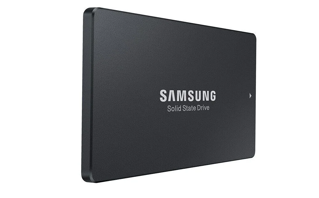 Rectangular 2.5 inch SATA SSD with black metal casing and silver label