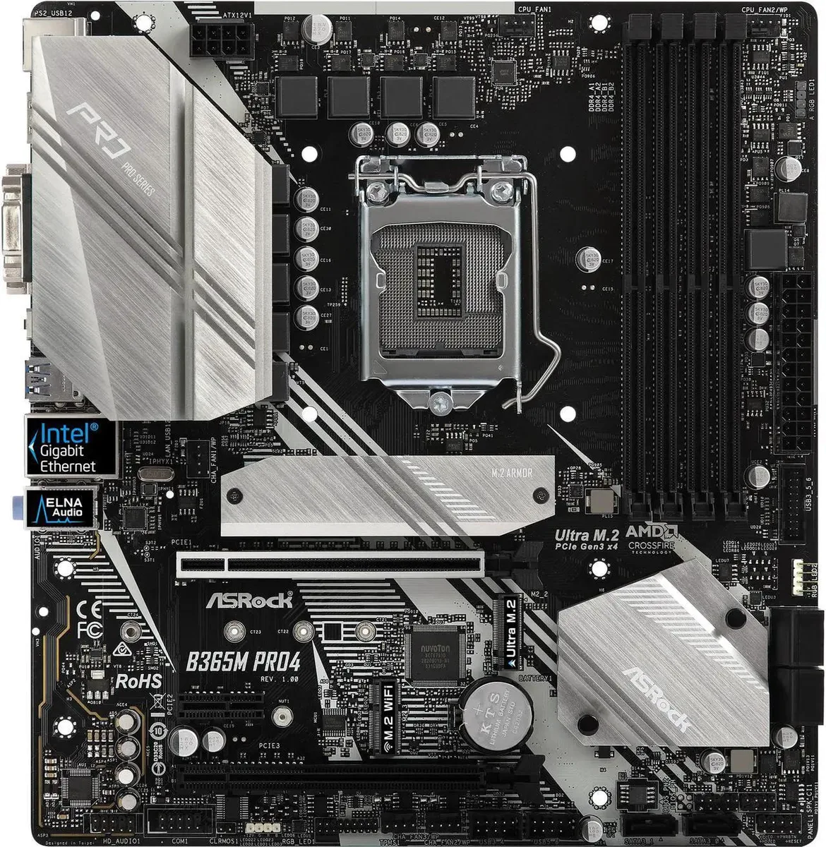 Green rectangular micro ATX motherboard with black sockets and silver heatsinks
