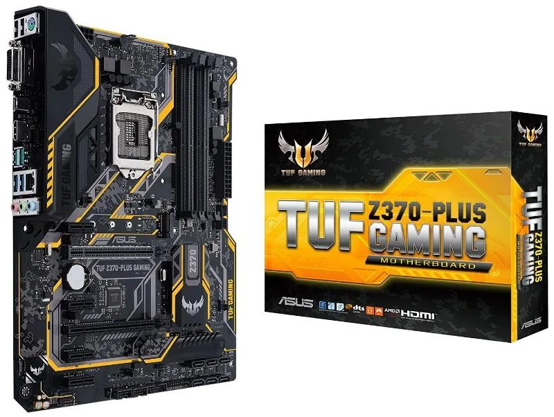 Black ATX motherboard with silver heatsinks and yellow TUF accents