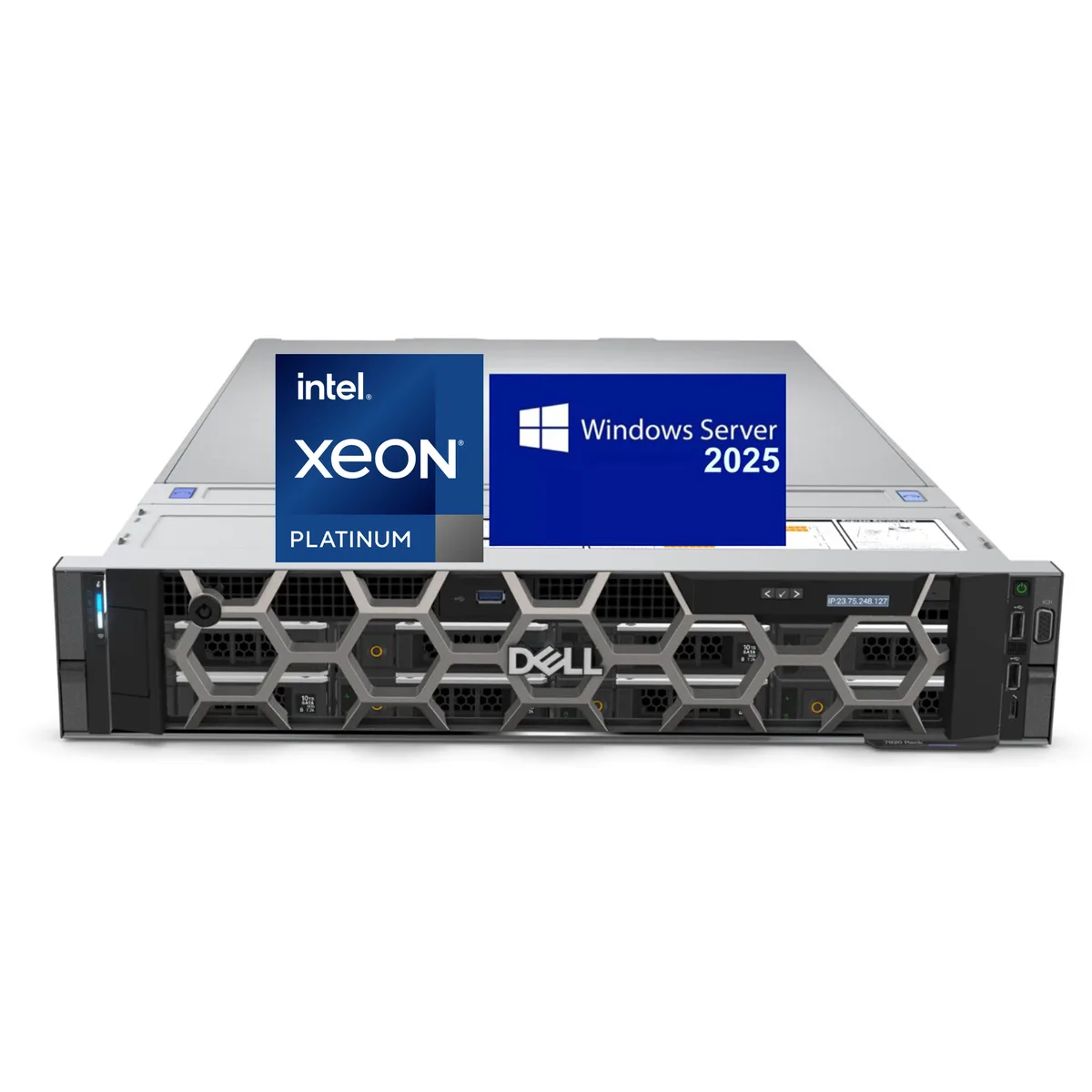 Silver 2U rack server with front drive bays and rear I/O ports