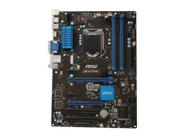 ATX motherboard with black PCB, silver heatsinks, blue PCIe slots, four DDR3 slots, HDMI port, USB 3.0 ports, Ethernet jack