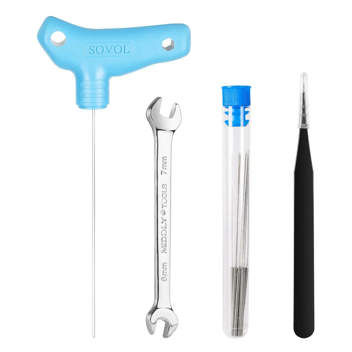 Blue 13-piece 3D printer nozzle cleaning kit with handled tool, needles, wrench and tweezers