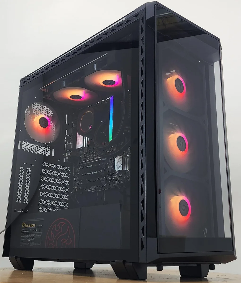 White mid-tower case with 240mm AIO cooler visible through glass panel