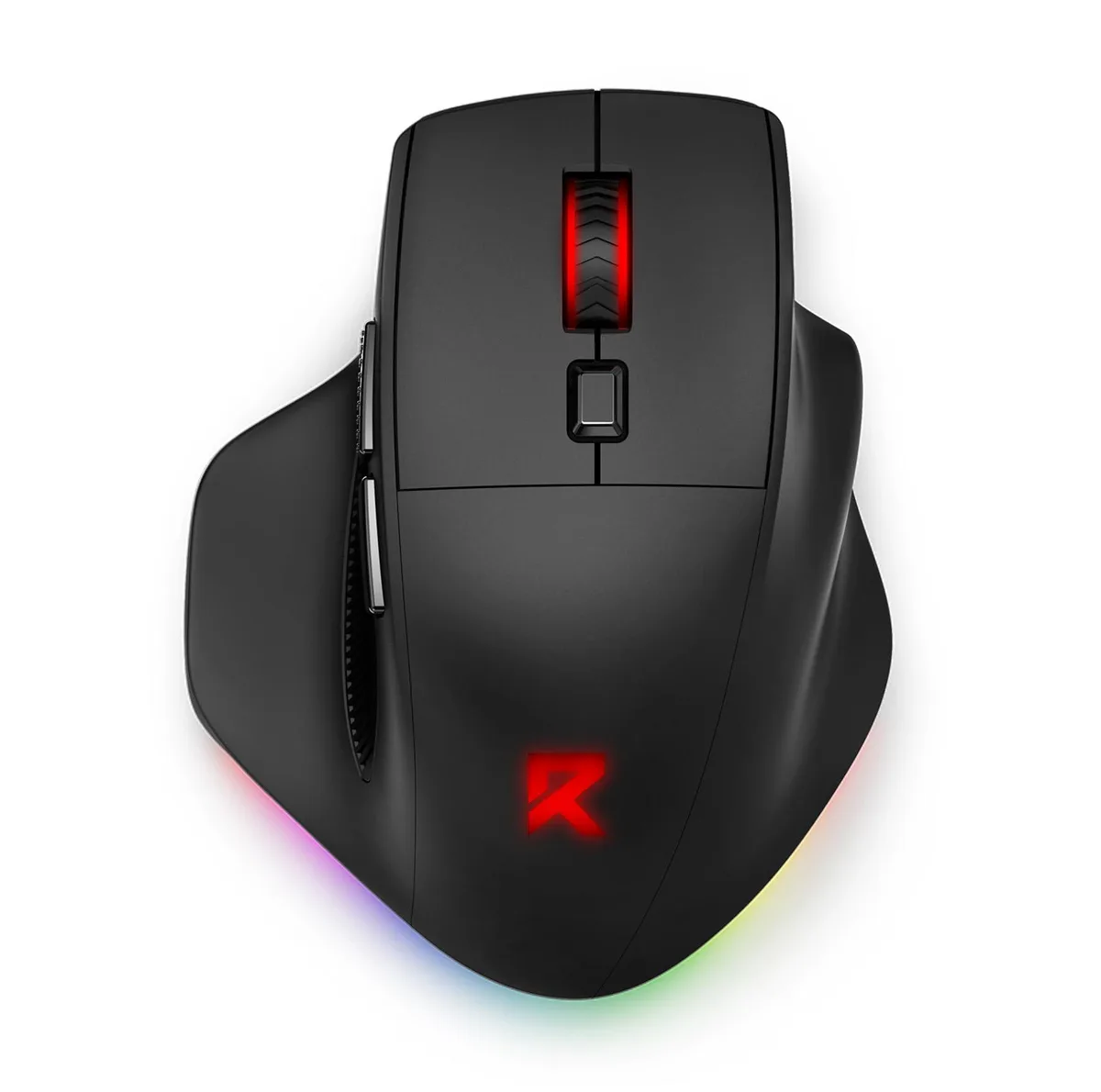 Black ergonomic wireless gaming mouse with contoured right-hand shape, rubber side grips and two thumb buttons