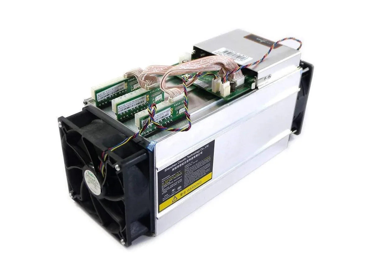Rectangular silver ASIC miner with dual fans and 288 chips visible inside
