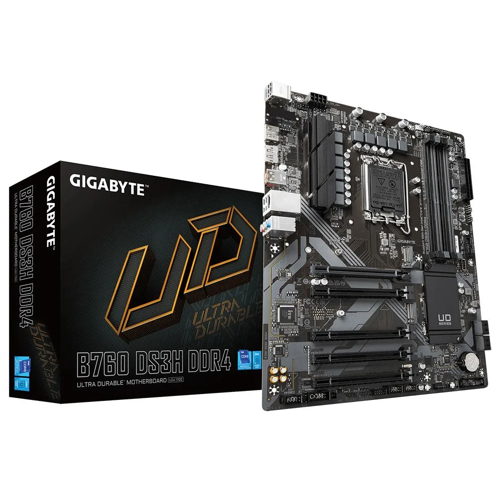 Gigabyte B760 DS3H DDR4 motherboard, black PCB with silver heatsinks