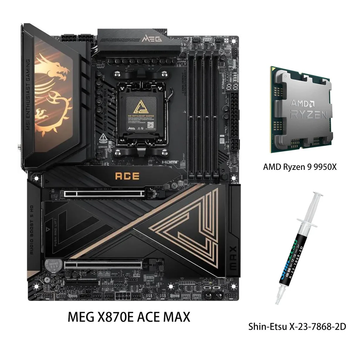 Black ATX motherboard with silver heatsinks and CPU in socket