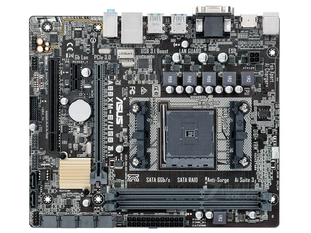 Green Micro ATX motherboard with black sockets and silver heatsinks