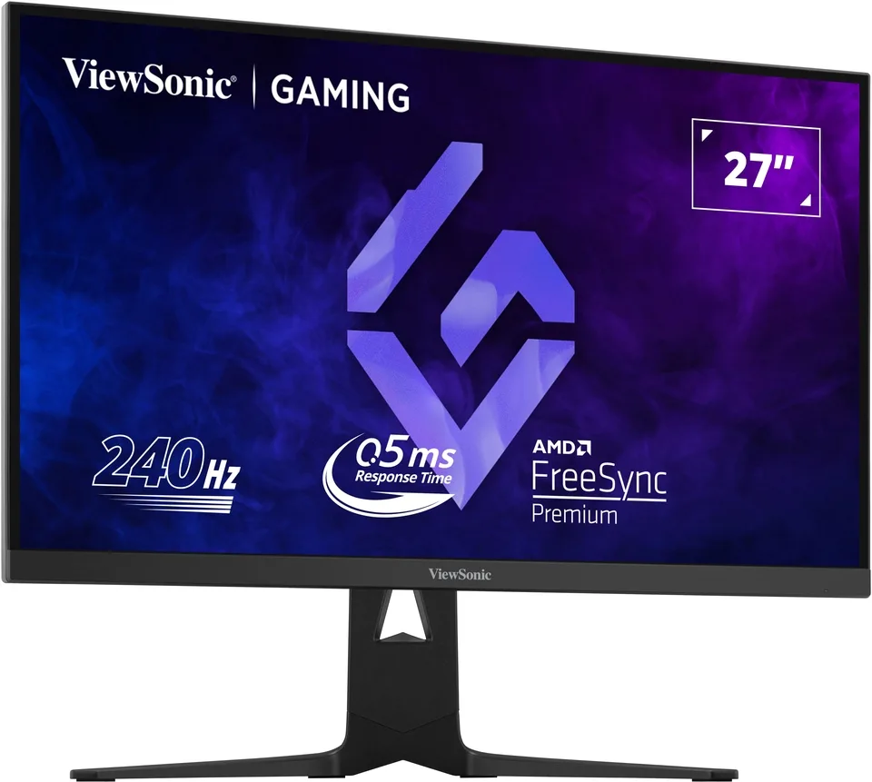 Black 27-inch gaming monitor on narrow stand with thin bezels and RGB accent lighting