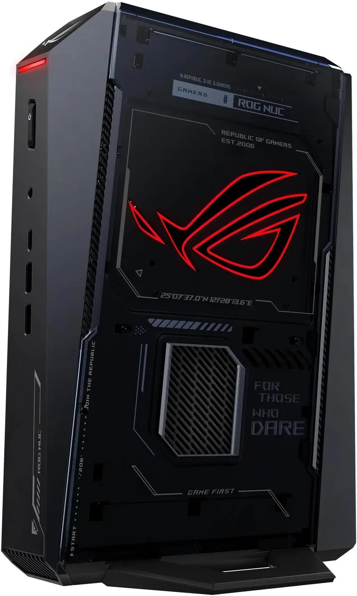 Compact black mini PC with three cooling fans and illuminated ROG logo