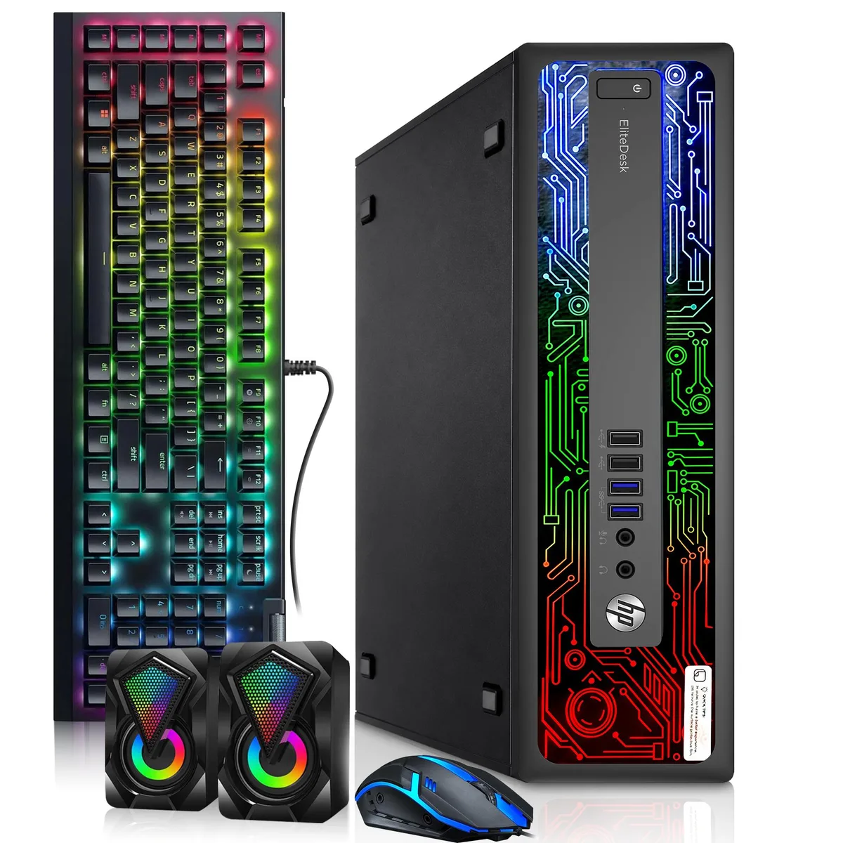 Black small-form-factor desktop tower with RGB keyboard mouse and speakers