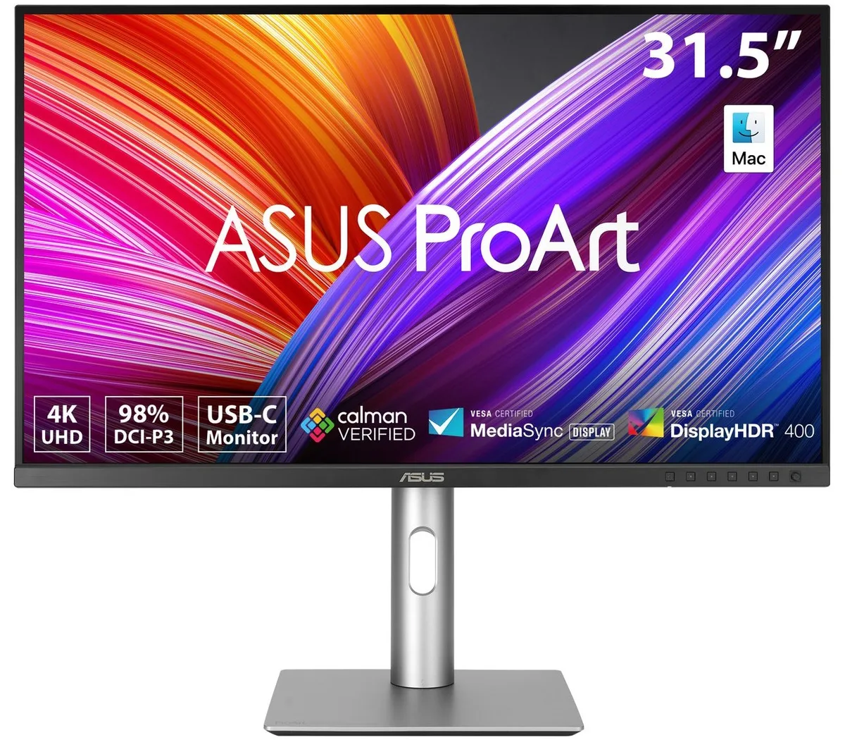 Silver 31.5 inch 4K IPS monitor on ergonomic stand with slim profile and small base