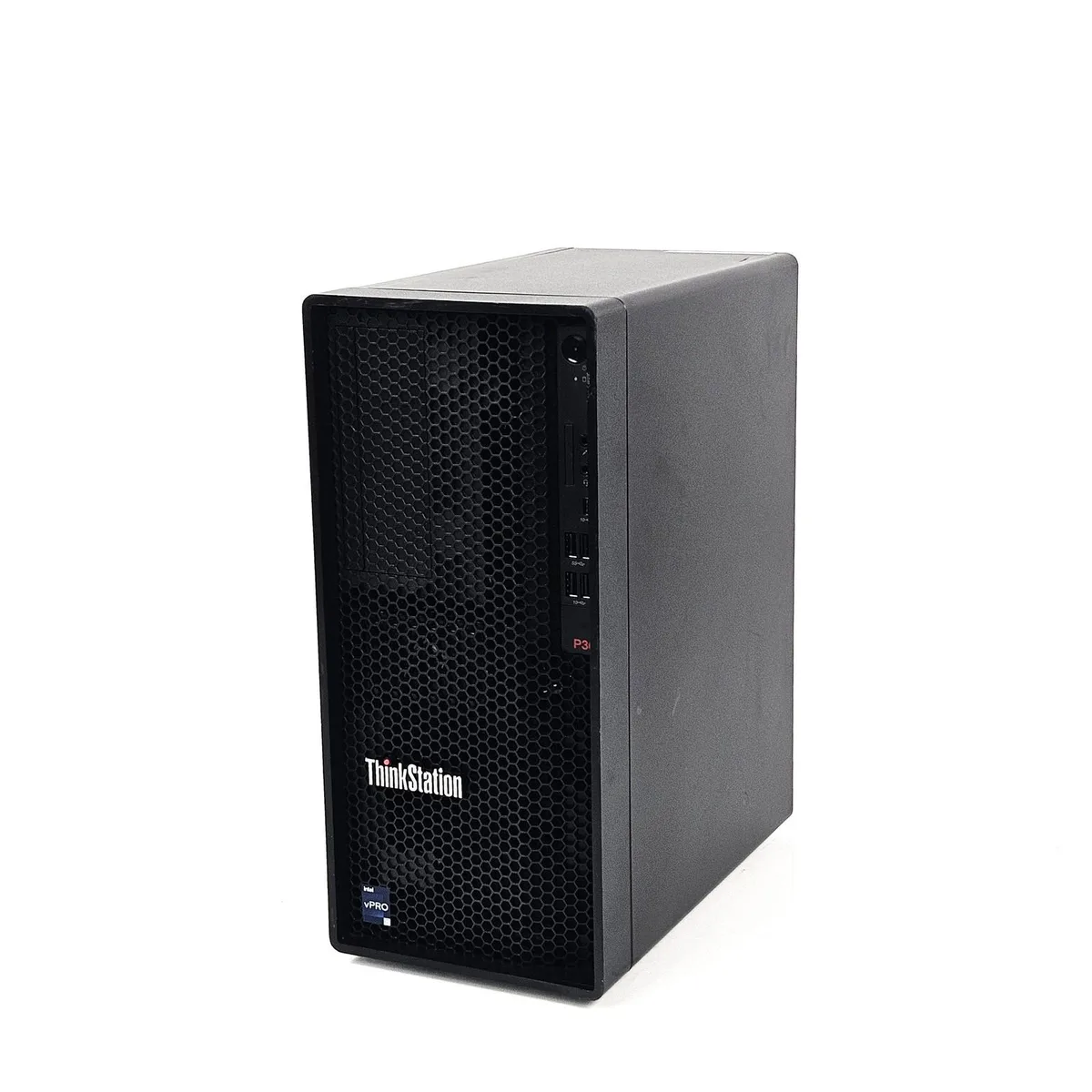 Black rectangular tower workstation with front USB ports and power button