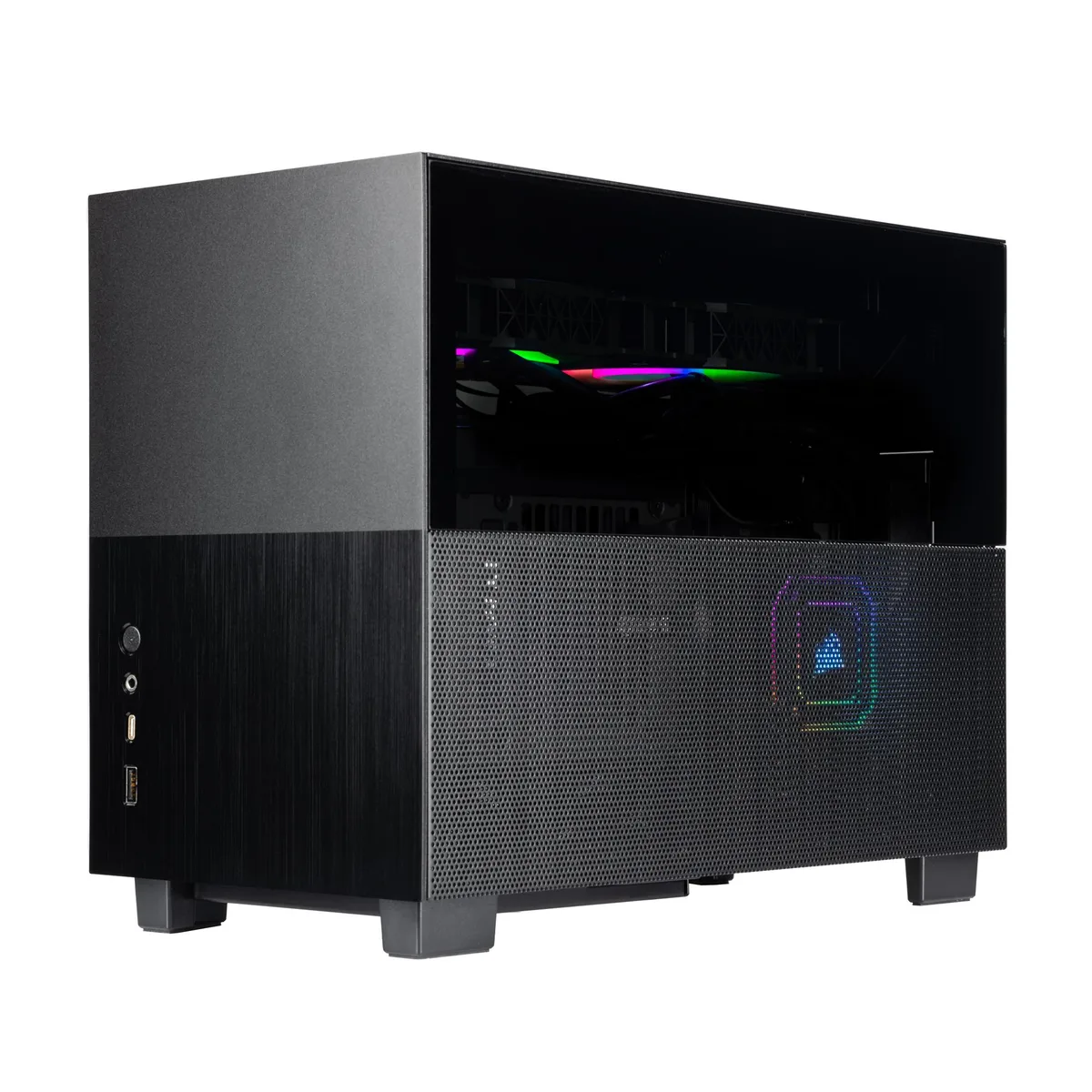 Black Small Form Factor gaming desktop with RGB liquid cooler visible through side panel