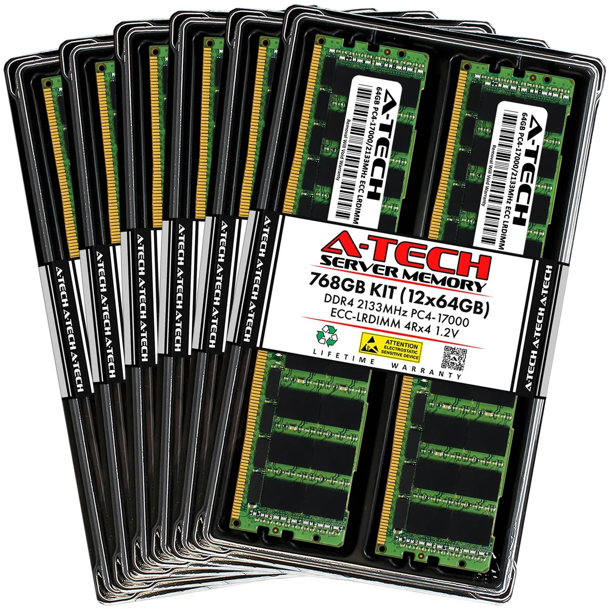 Twelve green DDR4 LRDIMM modules in a row