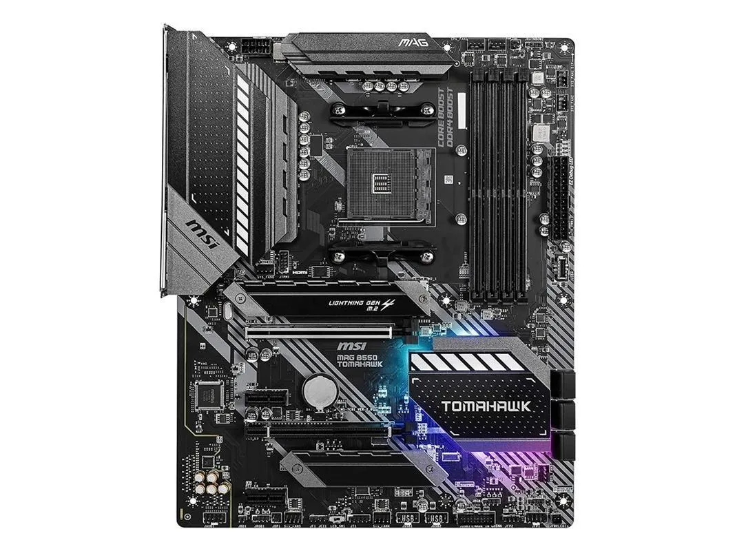 Rectangular ATX motherboard in black and silver with silver heatsinks and black PCB