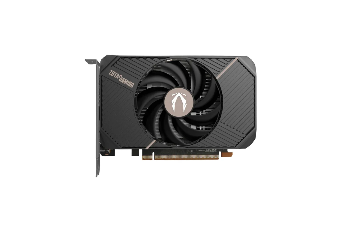 Black single-fan graphics card with metal backplate