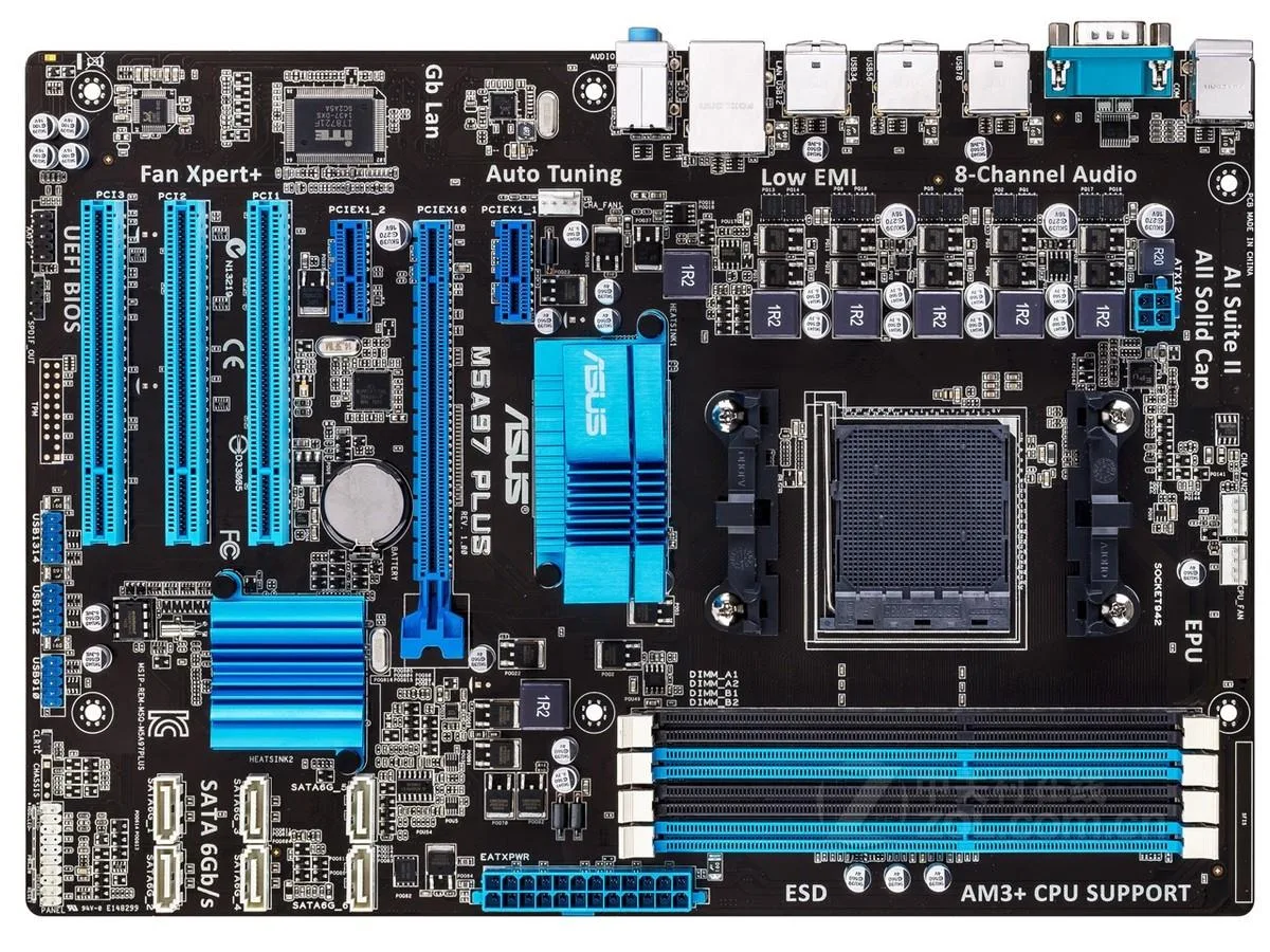 ATX motherboard in dark finish with AM3+ socket and DDR3 slots
